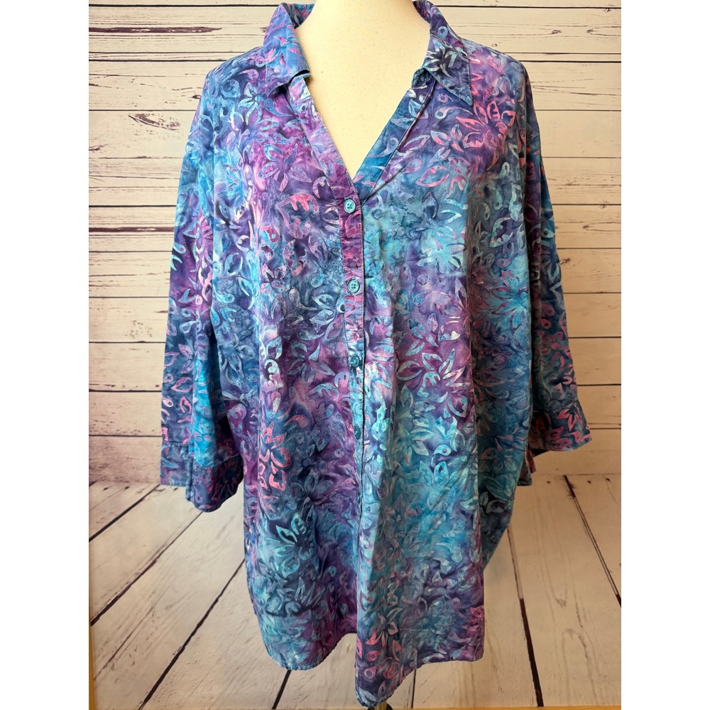 Catherines Blouse Button Front Shirt Plus Size 3X Floral 26 28W HoLe Batik - Picture 8 of 14